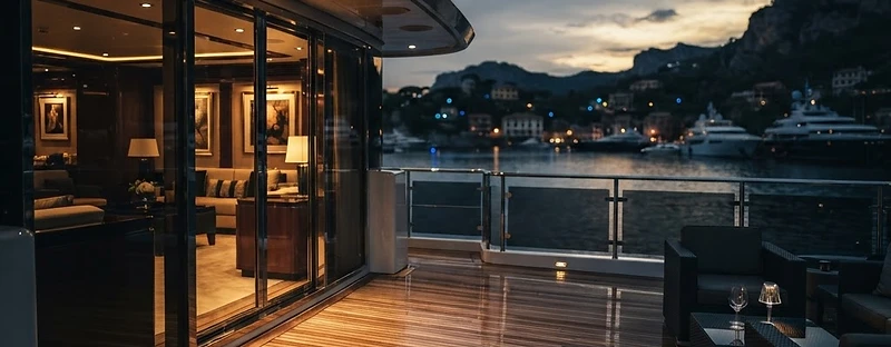 Illustrative view of a superyacht’s teak deck overlooking a harbor at dusk