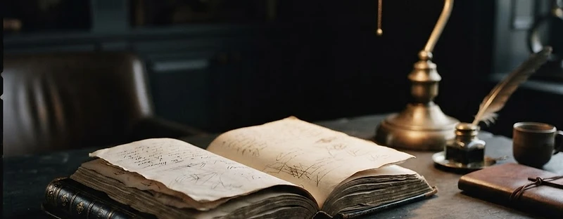 Illustrative black leather book on a dark stone desk beside a softly glowing brass lamp