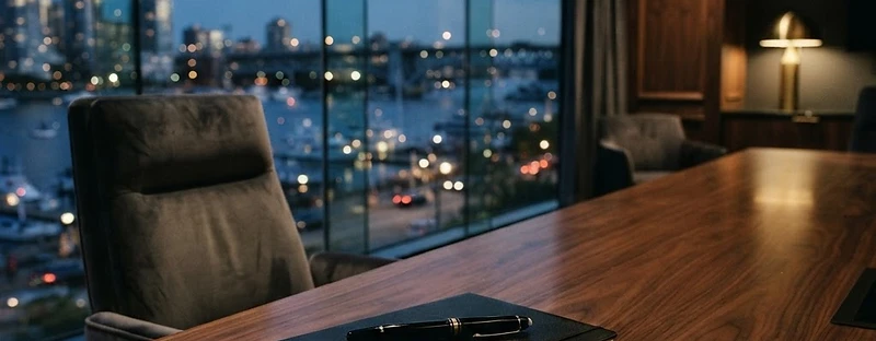 Illustrative private meeting room with a black leather notebook and a waterfront view