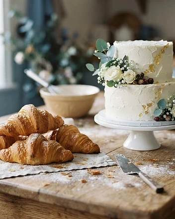 Croissants et gâteau de fête sur une table farinée