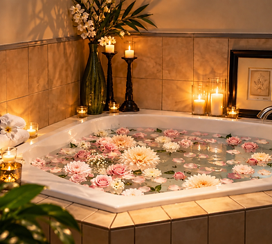 A candlelit tiled tub filled with floating flower petals