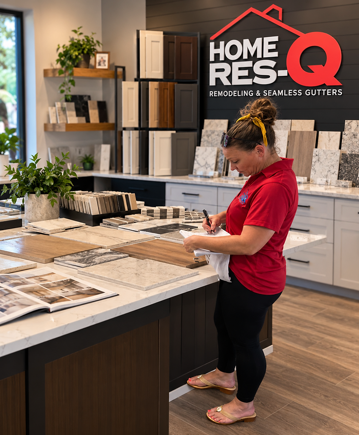 Home Res-Q owner Amanda reviewing project selections at the Home Res-Q showroom