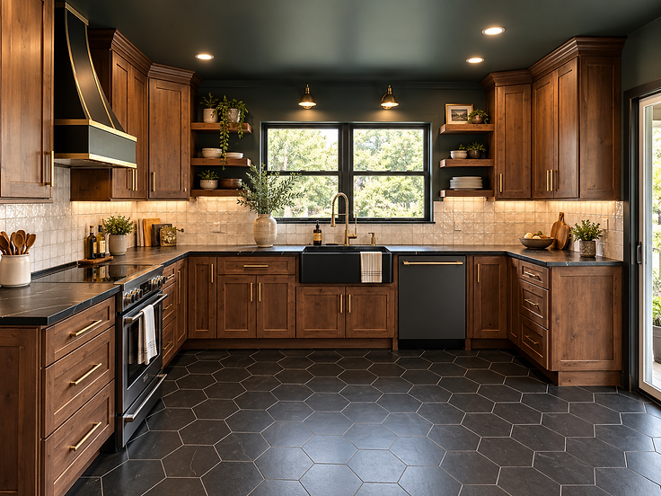 Completed kitchen remodel by Home Res-Q with dark walnut cabinetry, white subway tile backsplash and dark hexagonal floor tiles