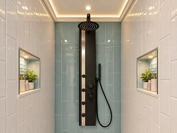 Finished shower with black shower panel, light blue tile back wall, white subway tile side walls and illuminated recessed niches by Home Res-Q