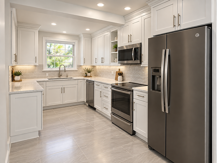 Completed kitchen remodel by Home Res-Q with white cabinetry, gray island, subway tile backsplash and stainless steel appliances
