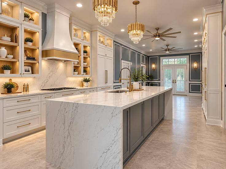Completed kitchen remodel by Home Res-Q with white cabinetry, dark waterfall island, marble countertops and gold chandelier lighting