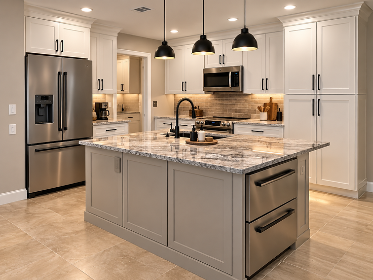 Completed kitchen remodel by Home Res-Q with white Shaker cabinetry, gray island with marble countertop and black pendant lights