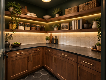 Kitchen pantry and cabinetry detail by Home Res-Q with dark walnut cabinets, gold hardware, illuminated shelving and hexagonal floor tile