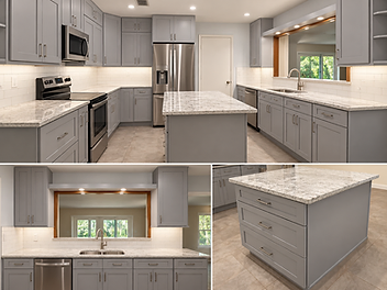 Kitchen remodel by Home Res-Q with gray cabinetry, stone countertops and waterfall island shown in three views