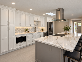 Completed kitchen remodel by Home Res-Q with white cabinetry, gray island, patterned tile backsplash and stainless steel appliances