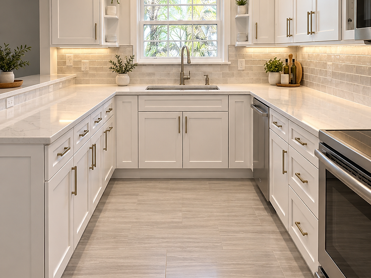 Completed U-shaped kitchen remodel by Home Res-Q with white cabinetry, brass hardware and light wood-look tile flooring