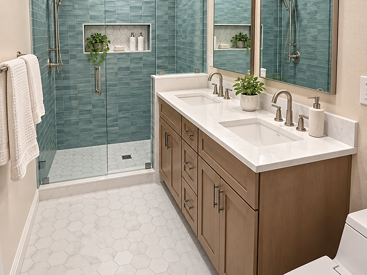 Completed bathroom remodel by Home Res-Q with walk-in shower and coordinated vanity finishes