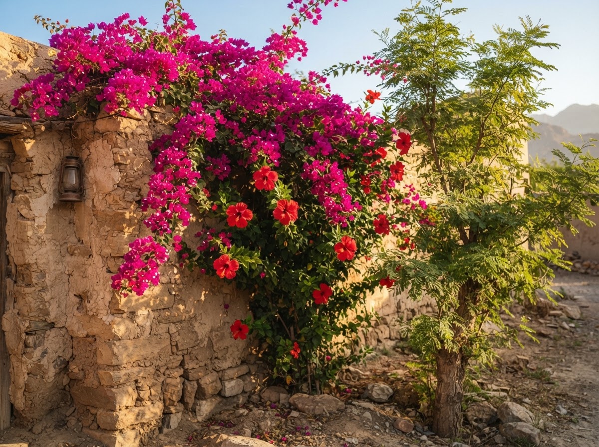 Lush bougainvillea and hibiscus against a traditional stone wall in Muscat