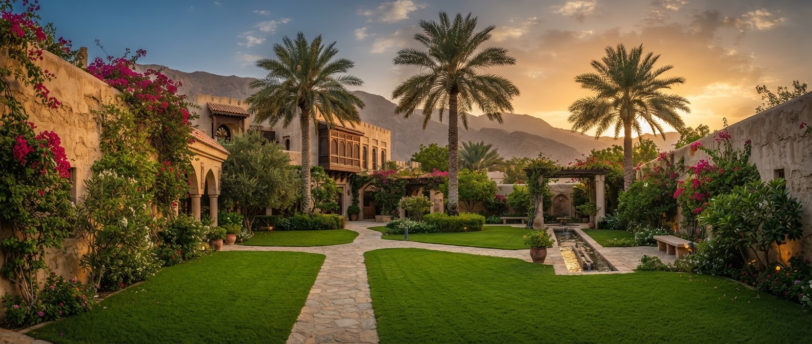 Reliable gardening company in Muscat maintaining a villa courtyard garden