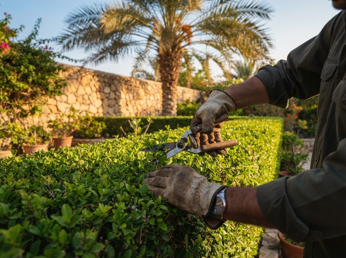 Gardener pruning a hedge in a Muscat villa garden
