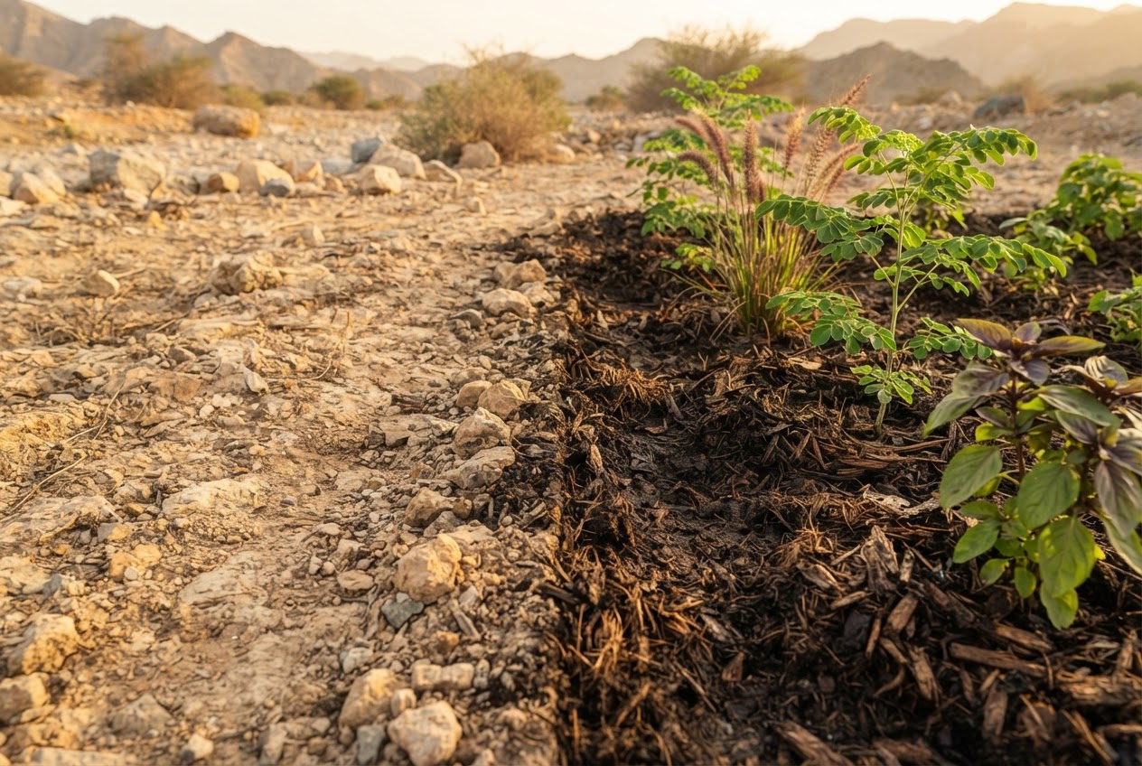 Rocky desert soil beside a garden bed amended with compost and mulch in Muscat