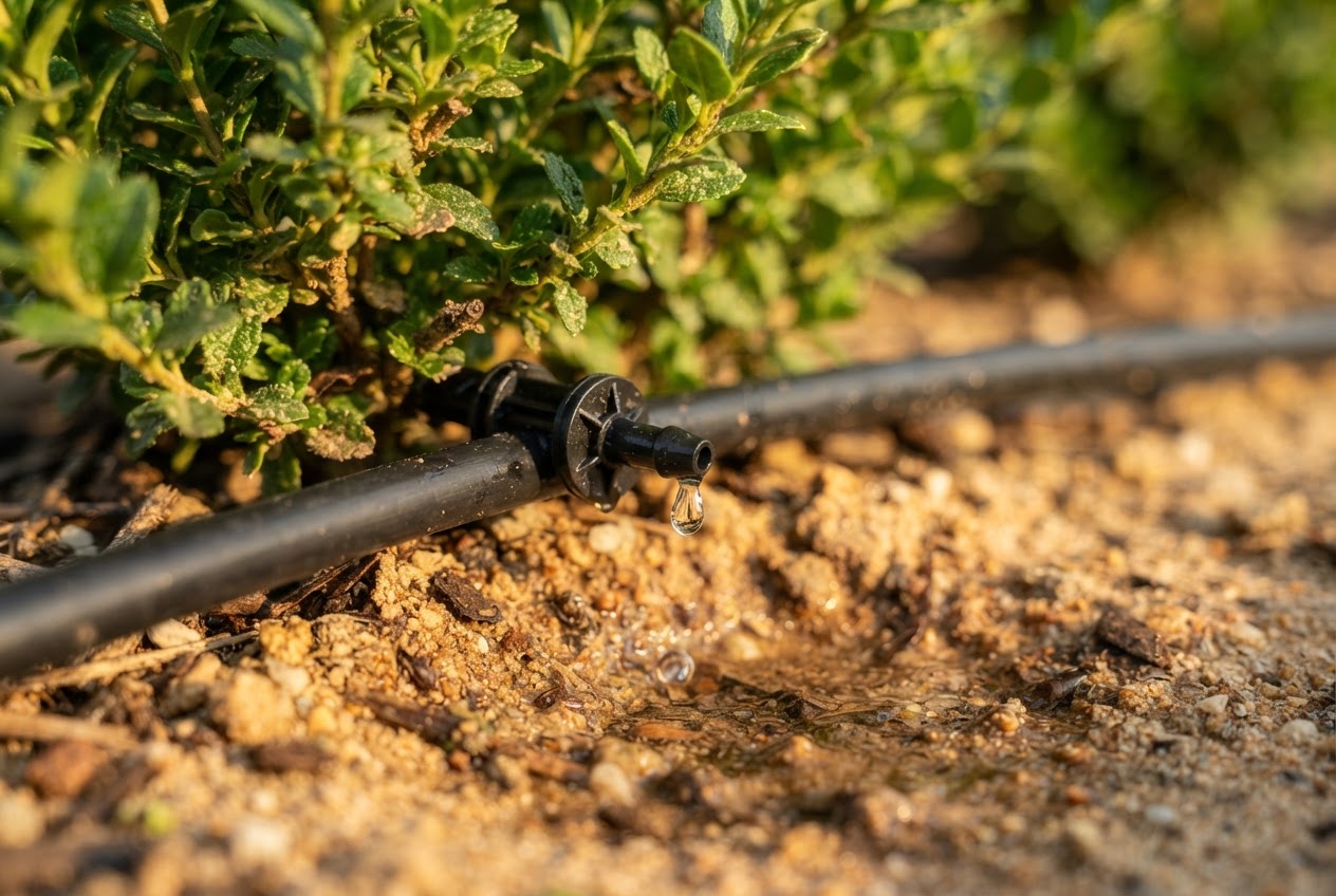 Drip irrigation emitter watering a shrub in sandy soil