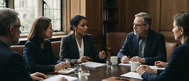 Dirigentes em diálogo executivo em torno de uma mesa de reuniões