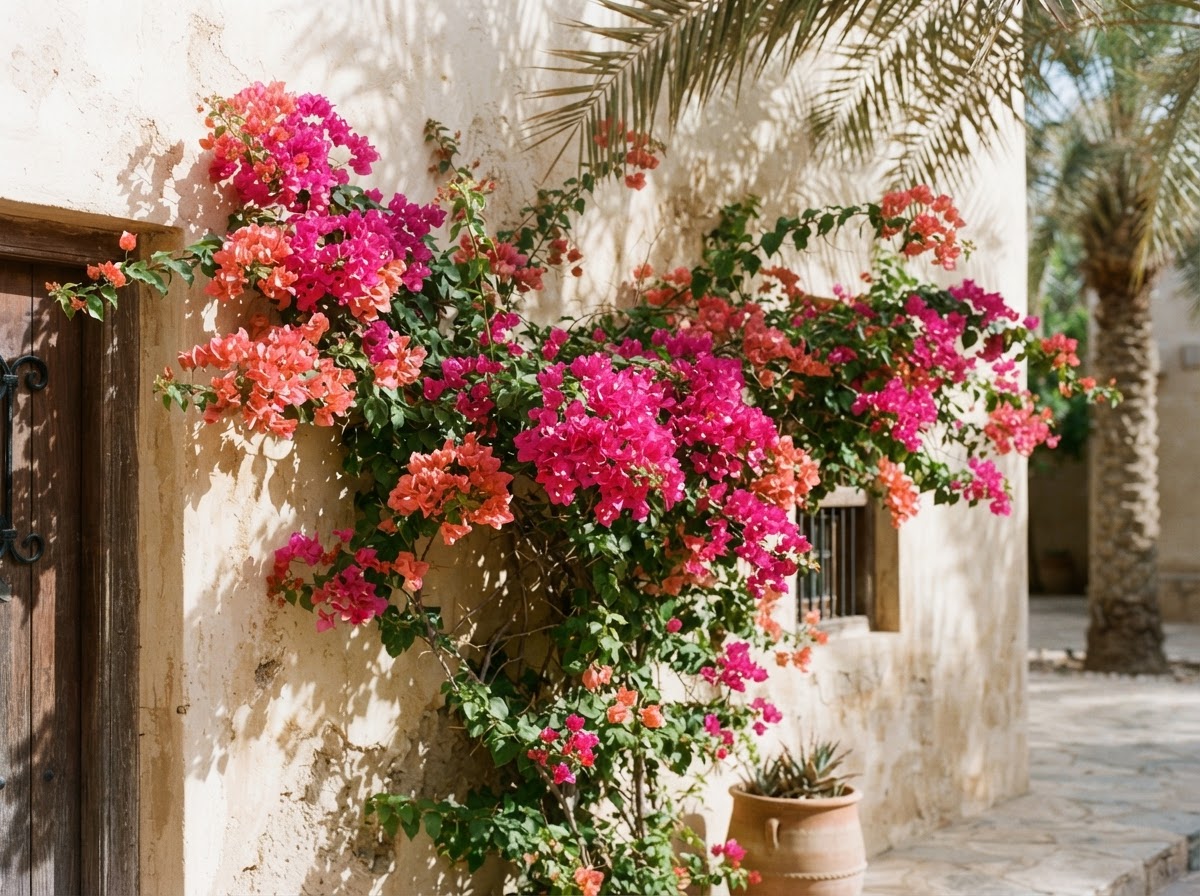 Bougainvillea, a low-maintenance plant for Muscat villas, flowering against a garden wall