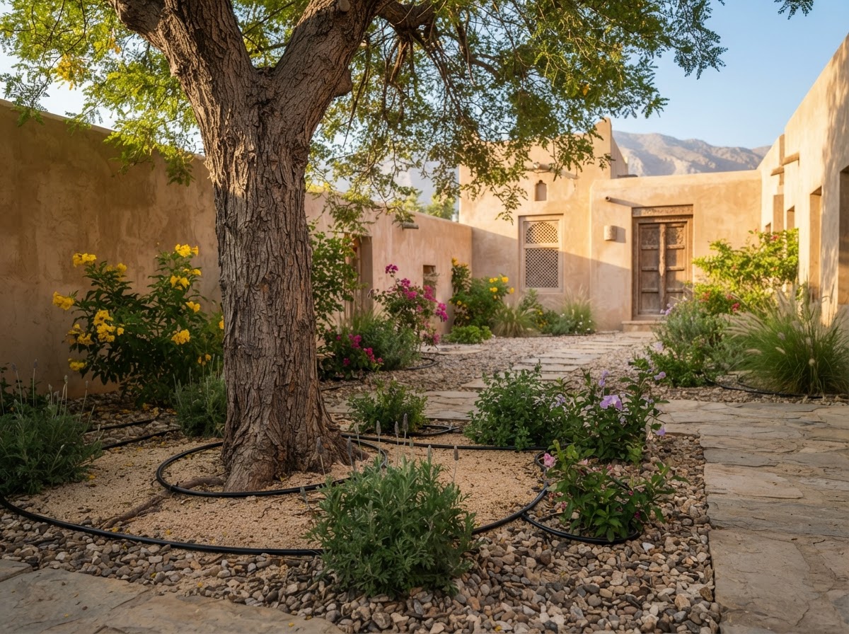 Drip irrigation supporting low-maintenance plants in a Muscat villa garden
