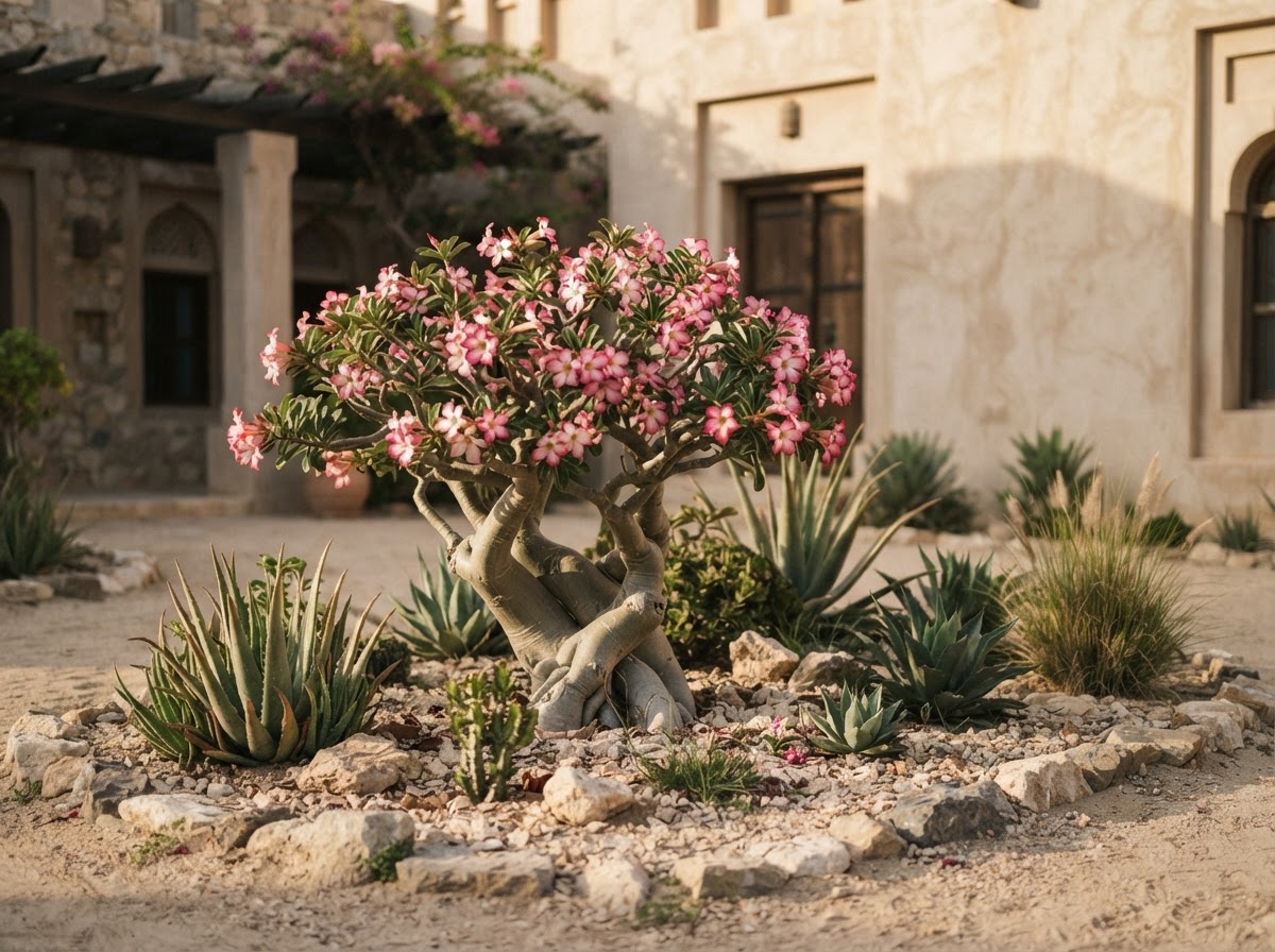 Desert rose and succulents, easy low-maintenance plants in a Muscat villa gravel garden