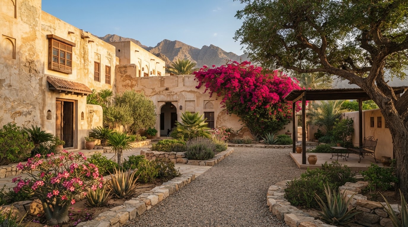 Low-maintenance plants for a Muscat villa garden with flowering bougainvillea and a shaded courtyard
