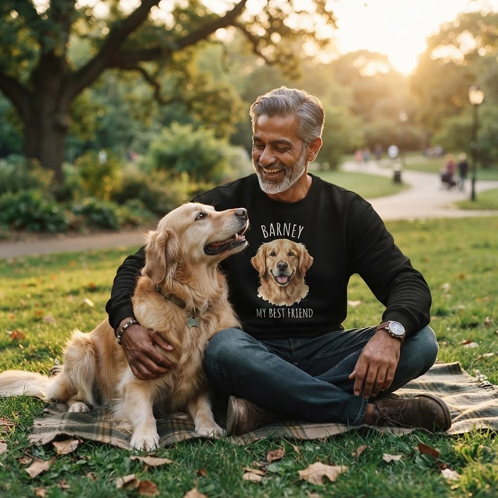 Pet owner wearing personalised pet portrait apparel