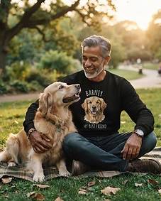 Pet owner wearing personalised pet portrait apparel with their pet