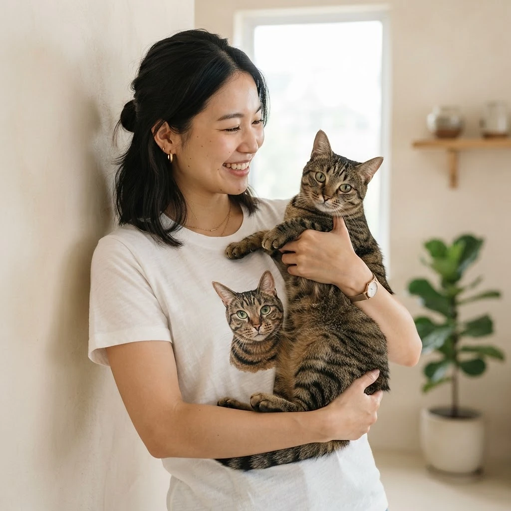 Pet owner wearing personalised pet portrait apparel