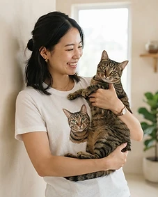 Pet owner wearing personalised pet portrait apparel with their pet