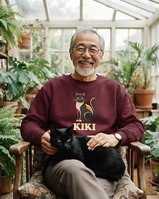 Pet owner wearing personalised pet portrait apparel with their pet