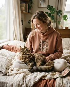 Pet owner wearing personalised pet portrait apparel with their pet