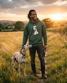 Pet owner wearing personalised pet portrait apparel with their pet