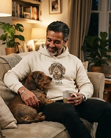 Pet owner wearing personalised pet portrait apparel with their pet