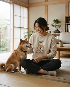 Pet owner wearing personalised pet portrait apparel with their pet
