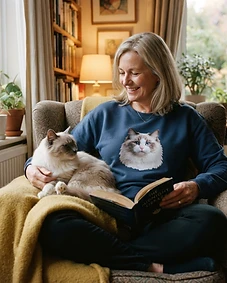 Pet owner wearing personalised pet portrait apparel with their pet