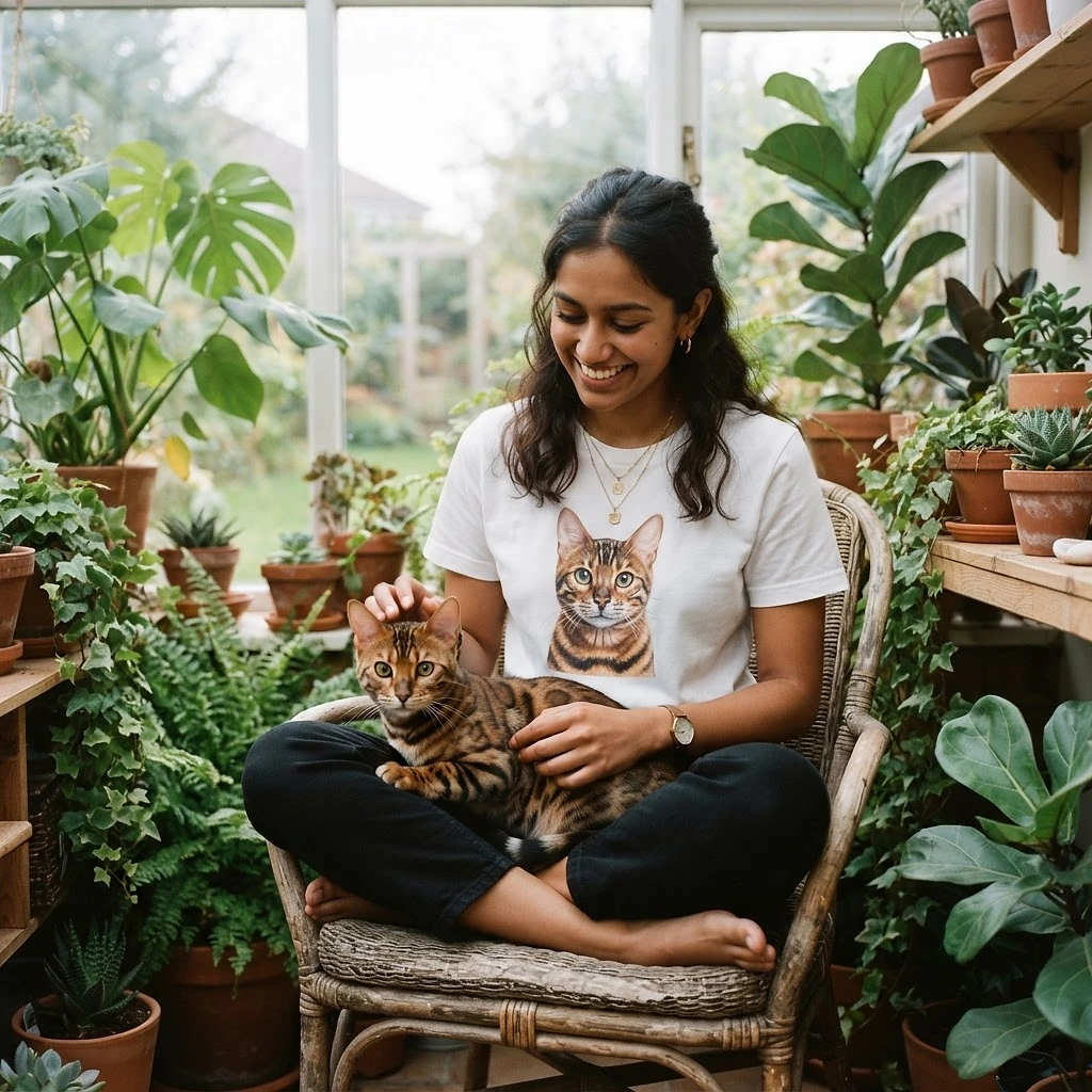 Pet owner wearing personalised pet portrait apparel