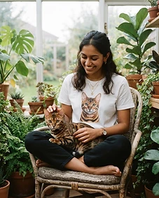 Pet owner wearing personalised pet portrait apparel with their pet