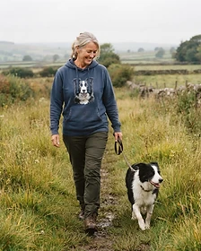 Pet owner wearing personalised pet portrait apparel