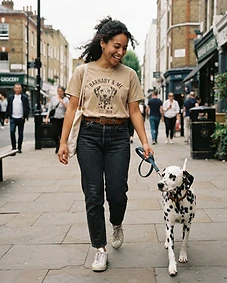Pet owner wearing personalised pet portrait apparel with their pet