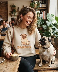 Pet owner wearing personalised pet portrait apparel with their pet