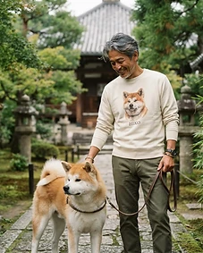 Pet owner wearing personalised pet portrait apparel with their pet