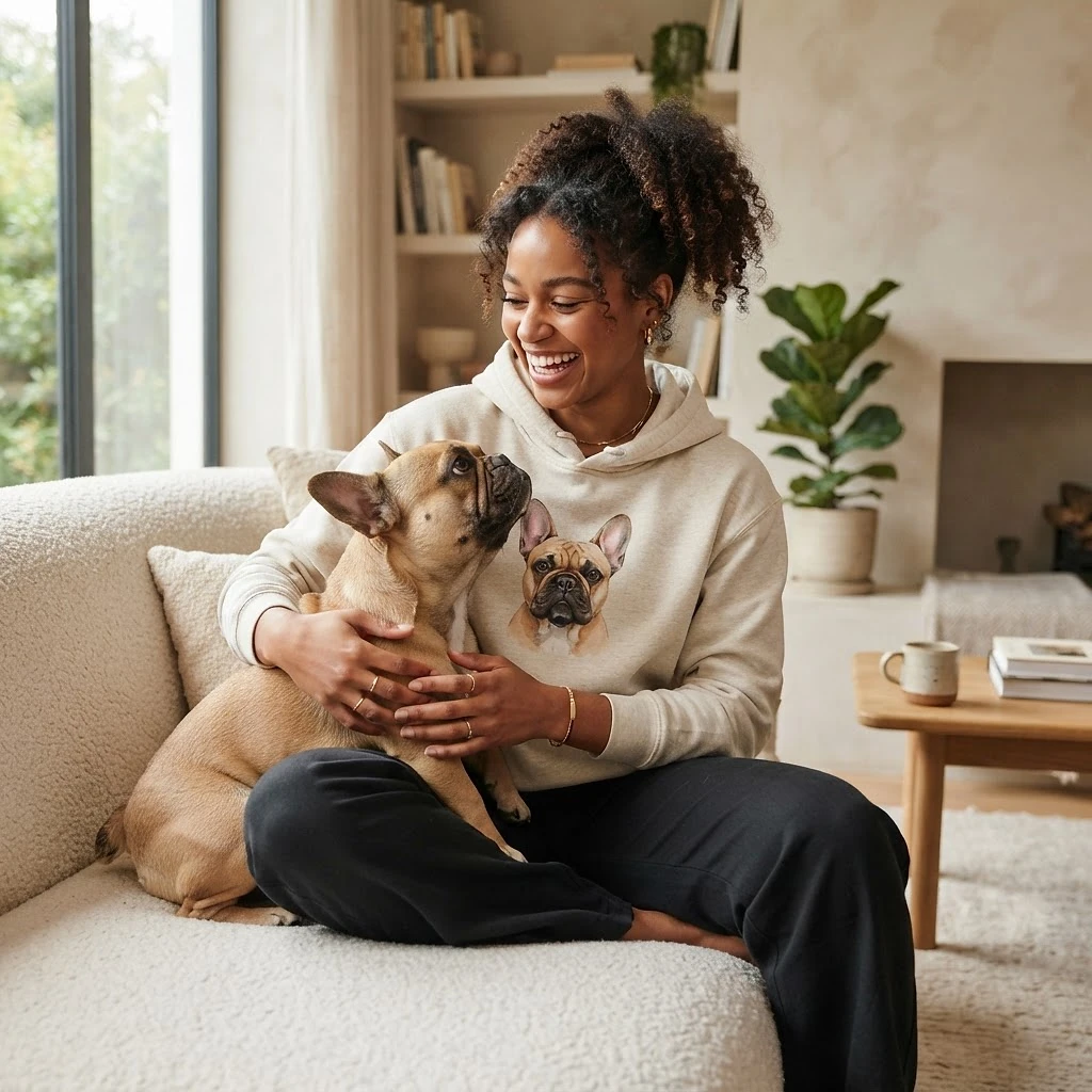 Pet owner wearing personalised pet portrait apparel