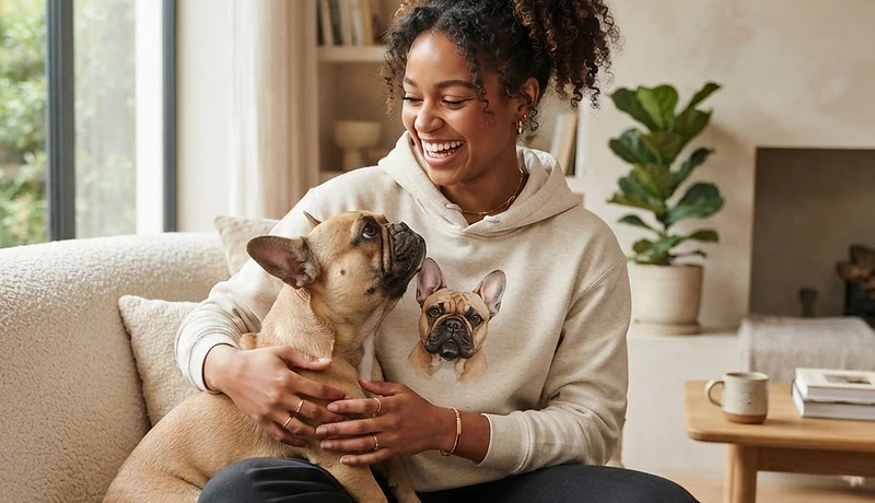 Pet owner wearing personalised pet portrait apparel with their pet