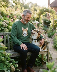 Pet owner wearing personalised pet portrait apparel with their pet