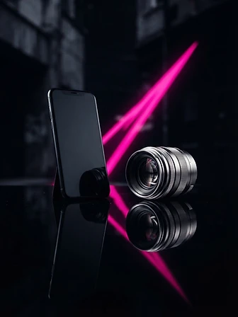 Editorial Stillleben mit Smartphone und Kameraobjektiv