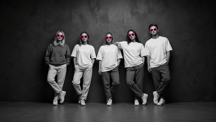 INFLUÉ Team aus 5 hellhäutigen europäischen Personen mit neon-pinken Brillen vor dunkler Wand, Schwarz-Weiß-Look mit pinken Akzenten