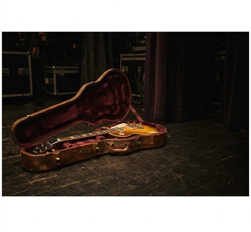Gitara w zużytym futerale za kulisami