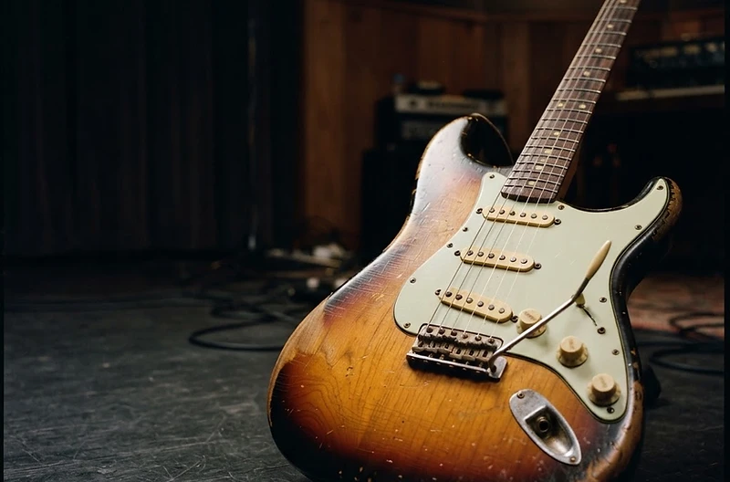 Zbliżenie na gitarę elektryczną vintage w wykończeniu sunburst