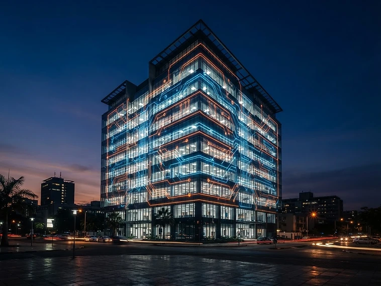 Lusaka office building with network overlay at dusk